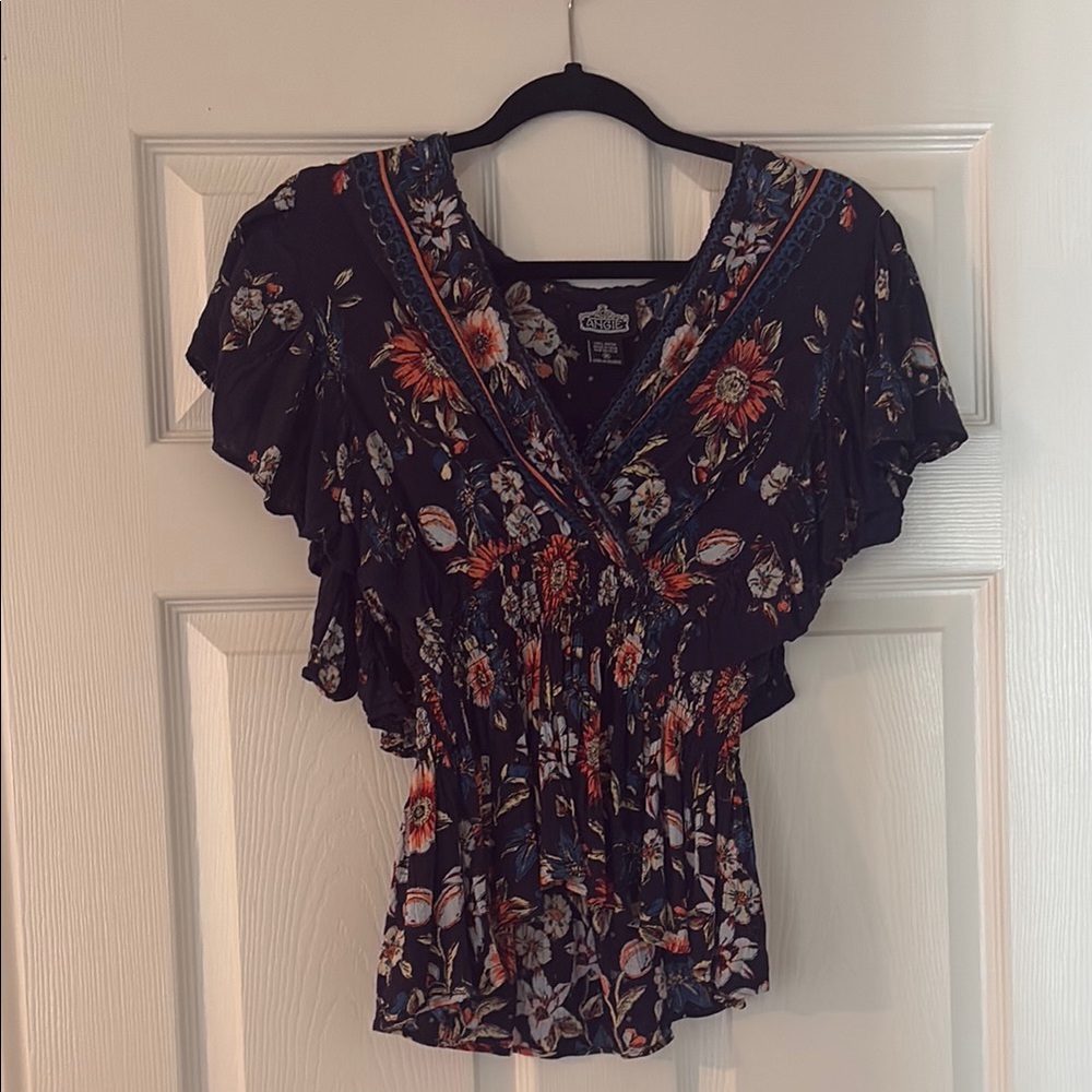Angie Navy Blue Flutter Sleeve V-Neck Blouse